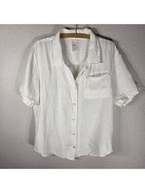 For Days 100% Linen White Button Front Shirt Men's Short Sleeve Size L Collared